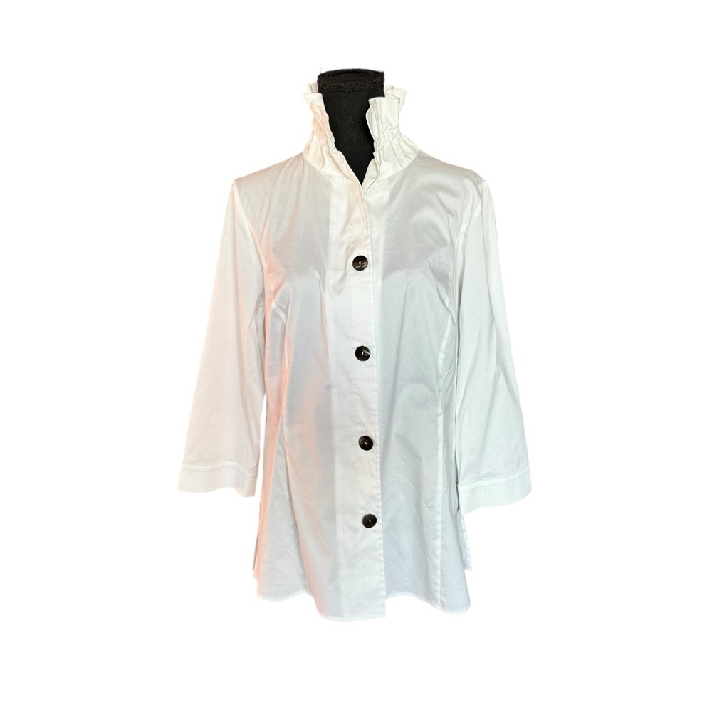 Ming Wang White Ruffle Collar Button Blouse Tunic Minimalist Chic Top M P34